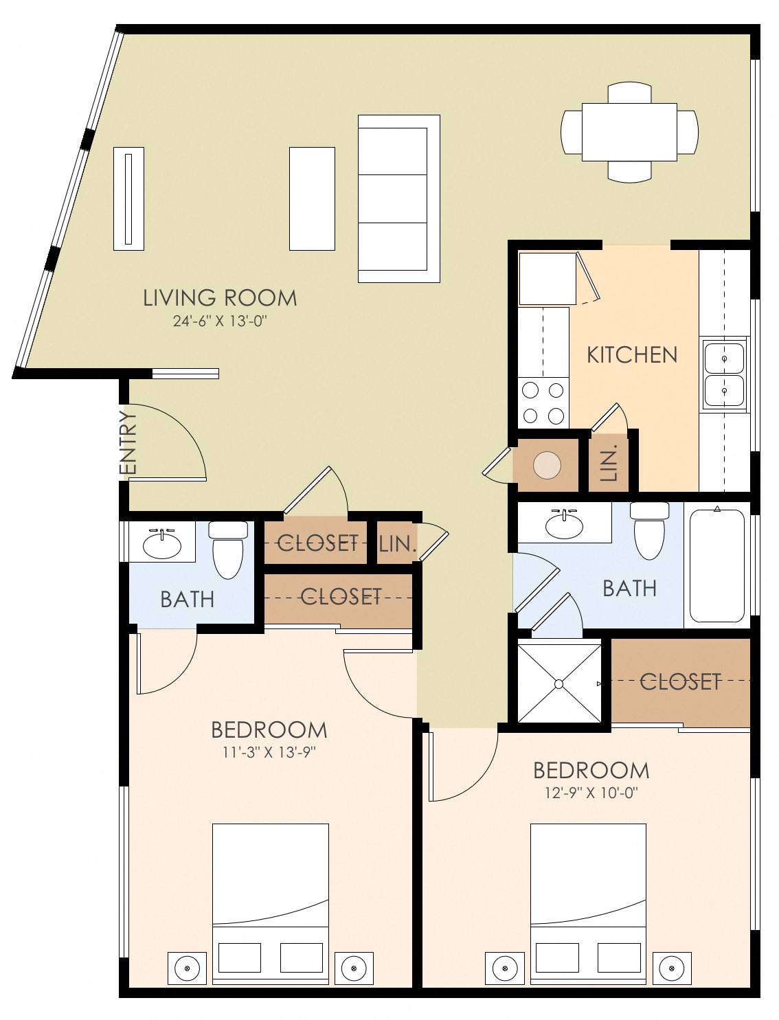Floor plan for 2 beds, 1.5 baths, 921 sqft